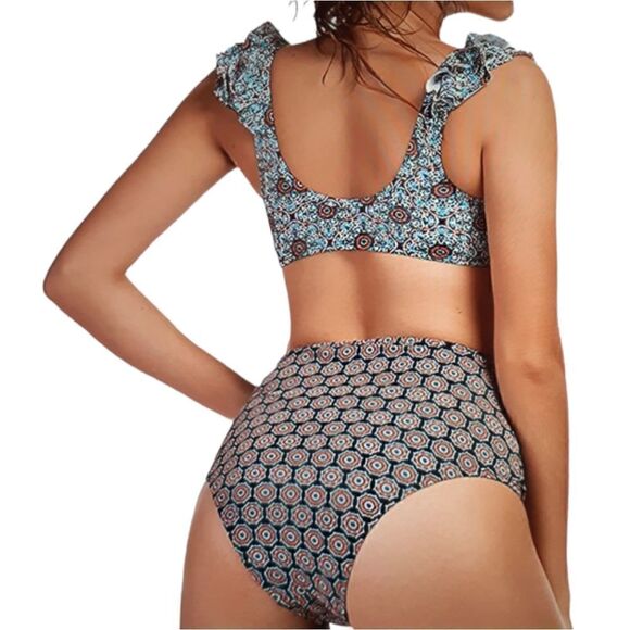 New Mooncore Two Piece Blue Print Ruffle Bikini Set Women's Size Small New - Picture 3 of 6